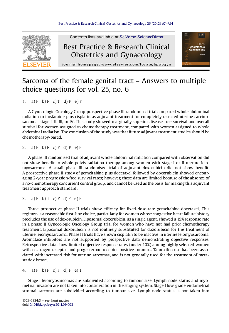 Sarcoma of the female genital tract - Answers to multiple choice questions for vol. 25, no. 6