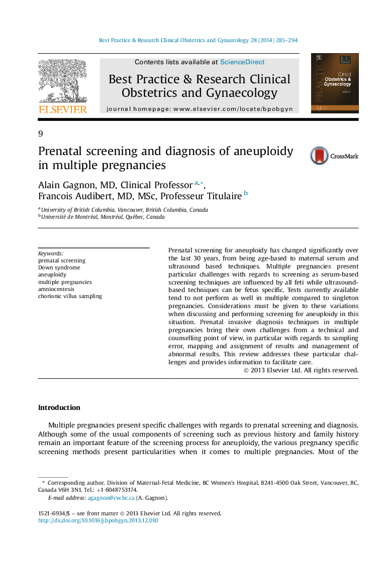 Prenatal screening and diagnosis of aneuploidy in multiple pregnancies