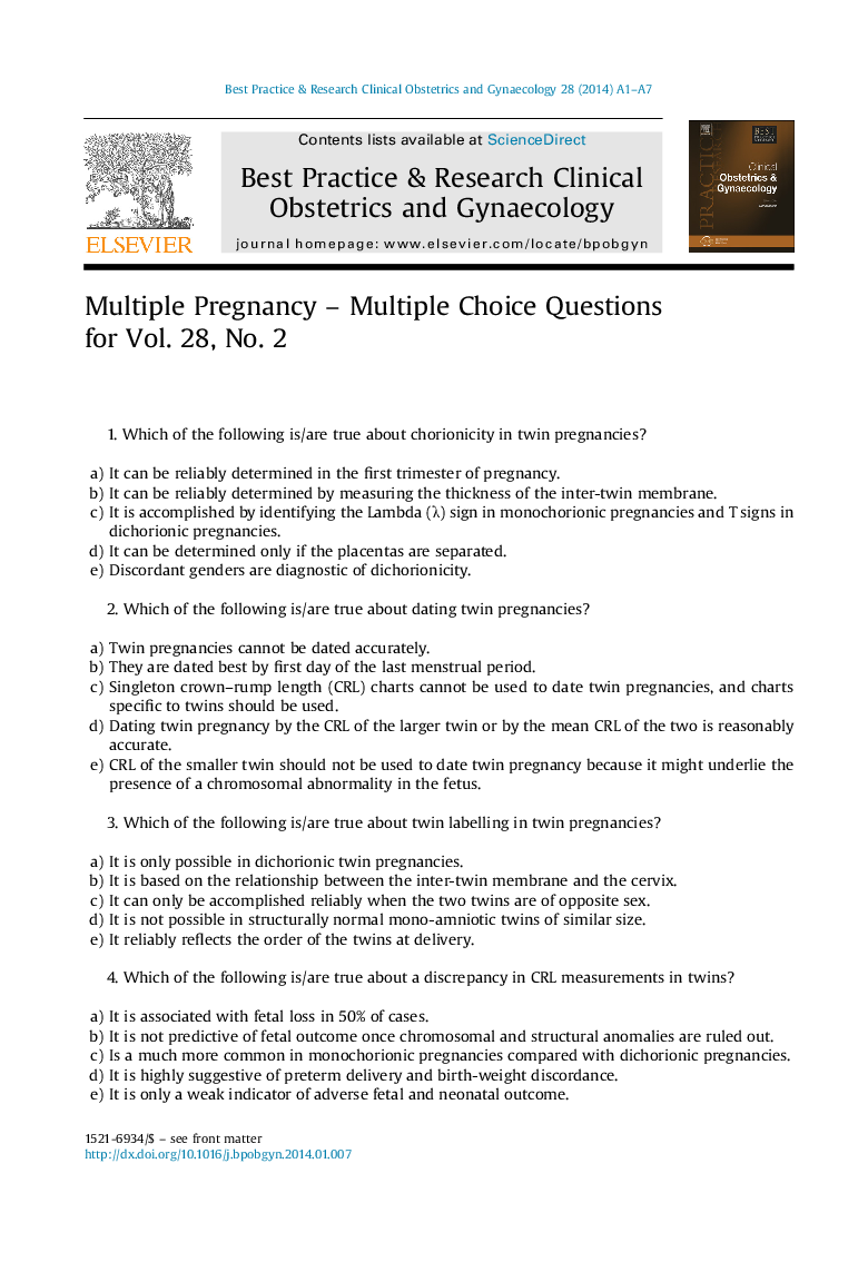 Multiple Pregnancy - Multiple Choice Questions for Vol. 28, No. 2