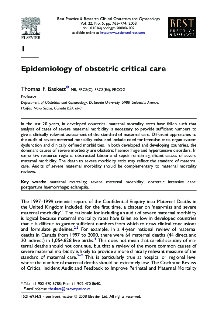 Epidemiology of obstetric critical care