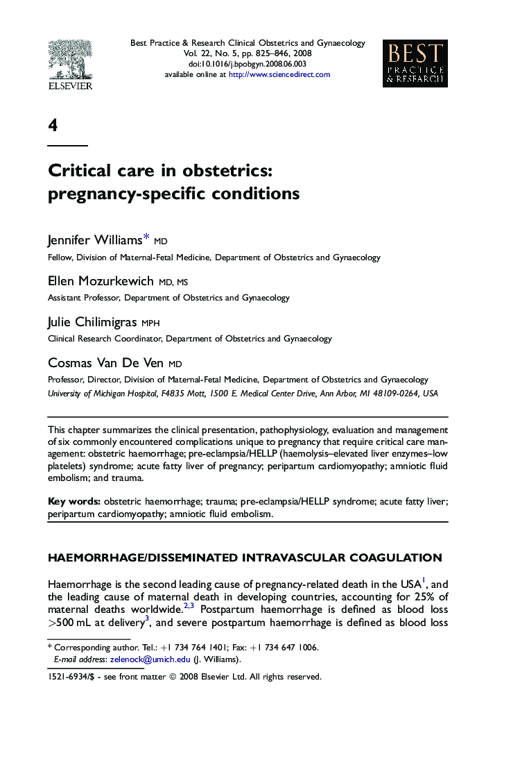 Critical care in obstetrics: pregnancy-specific conditions