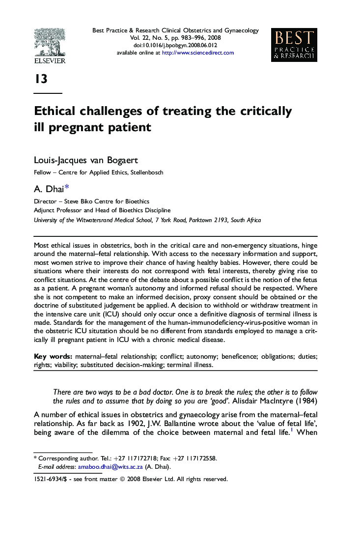 Ethical challenges of treating the critically ill pregnant patient