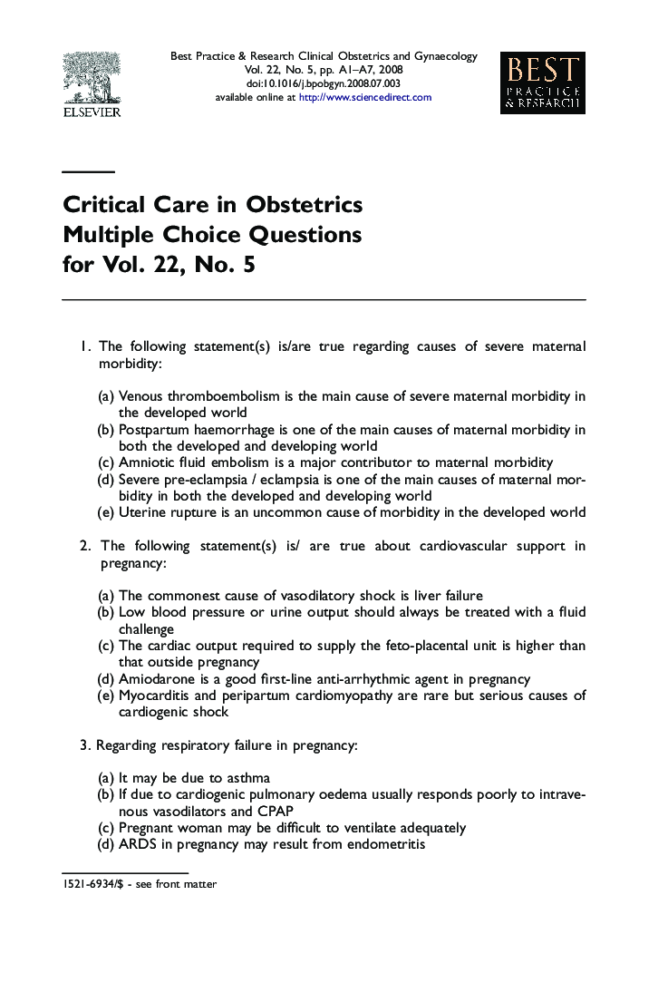 Critical Care in Obstetrics Multiple Choice Questions for Vol. 22, No. 5