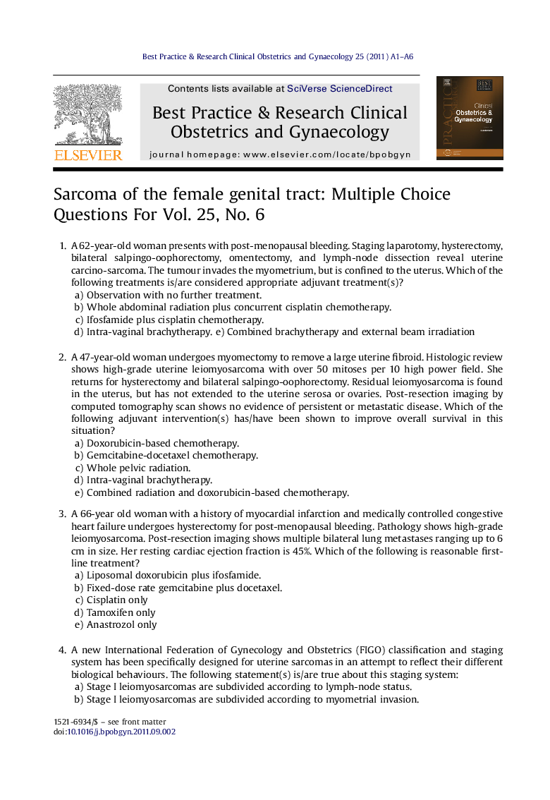 Sarcoma of the female genital tract: Multiple Choice Questions For Vol. 25, No. 6