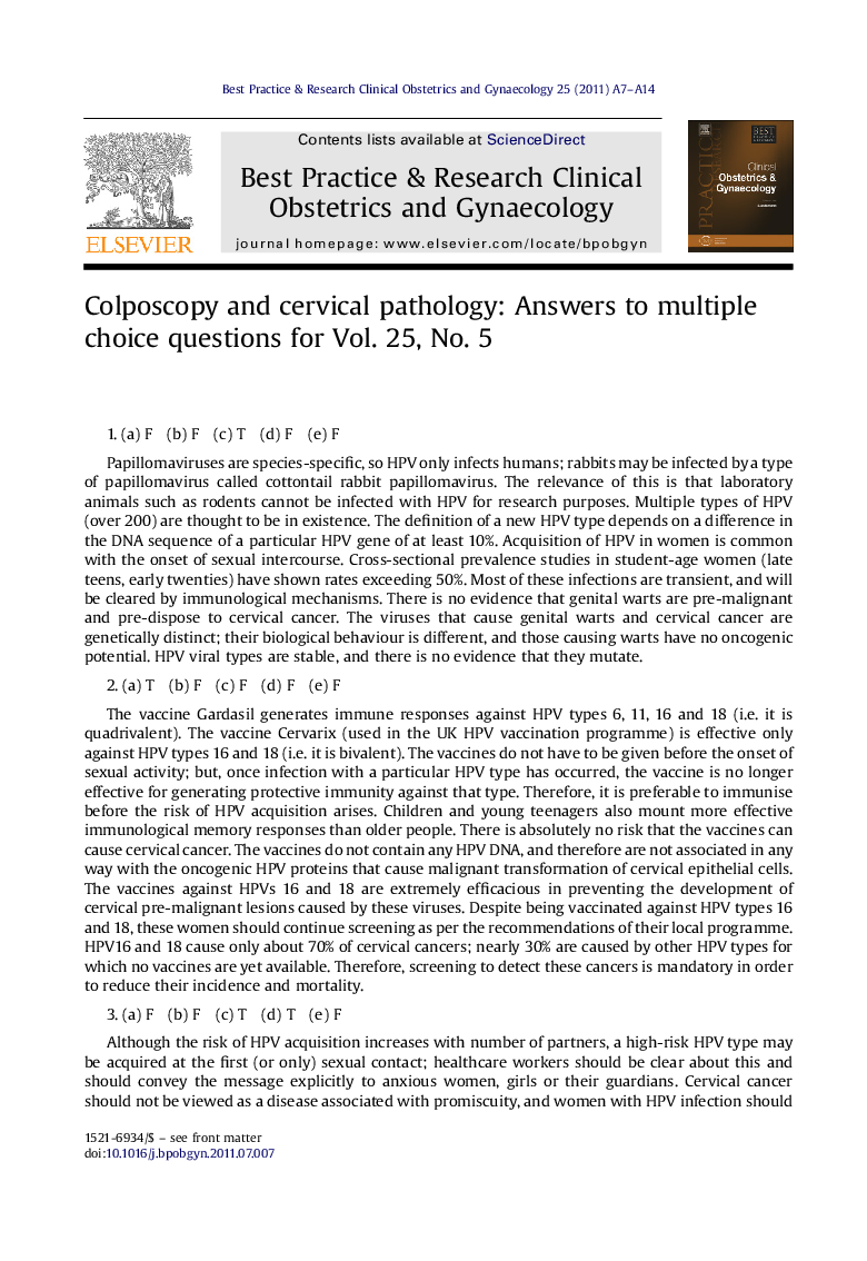 Colposcopy and cervical pathology: Answers to multiple choice questions for Vol. 25, No. 5