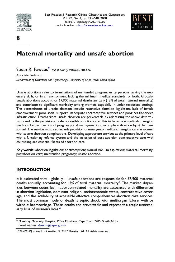 Maternal mortality and unsafe abortion