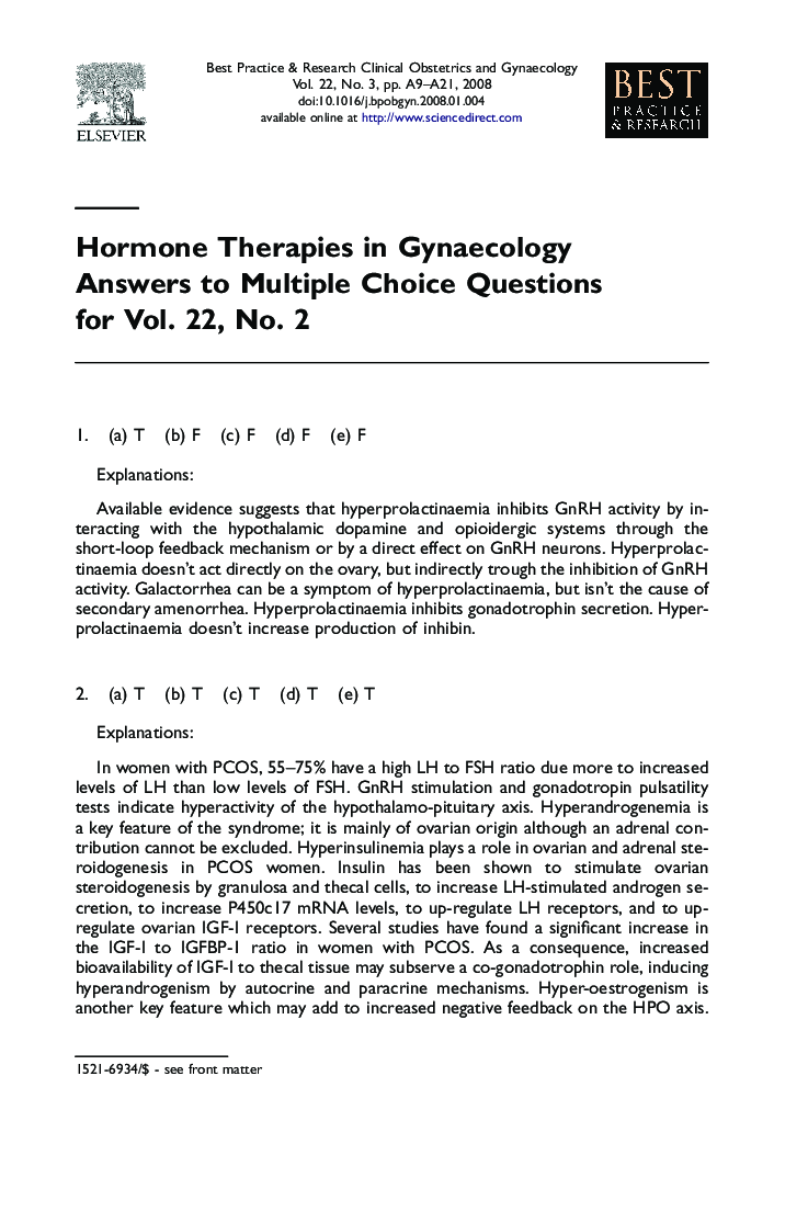 Hormone Therapies in Gynaecology Answers to Multiple Choice Questions for Vol. 22, No. 2