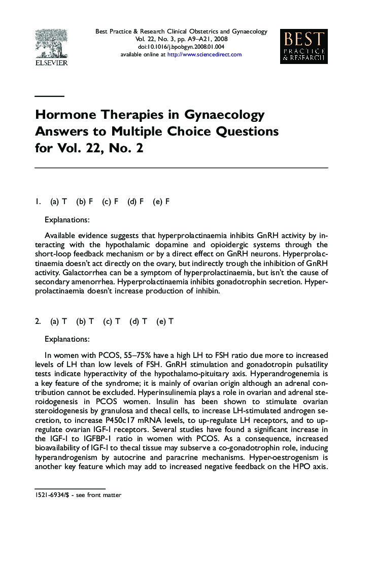 Hormone Therapies in Gynaecology Answers to Multiple Choice Questions for Vol. 22, No. 2