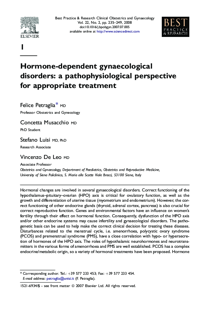 Hormone-dependent gynaecological disorders: a pathophysiological perspective for appropriate treatment