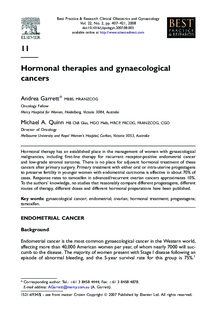 Hormonal therapies and gynaecological cancers