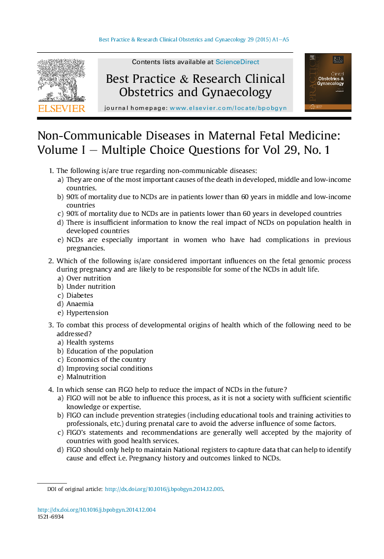 Non-Communicable Diseases in Maternal Fetal Medicine: Volume I - Multiple Choice Questions for Vol 29, No. 1