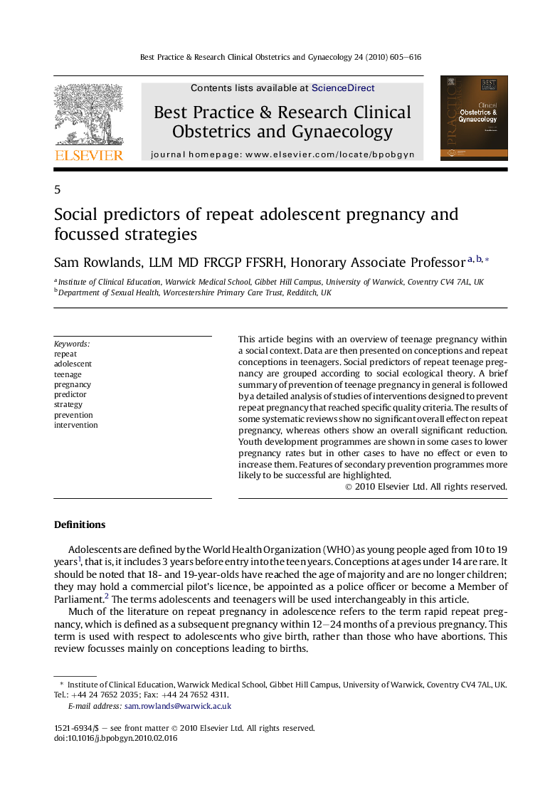 Social predictors of repeat adolescent pregnancy and focussed strategies