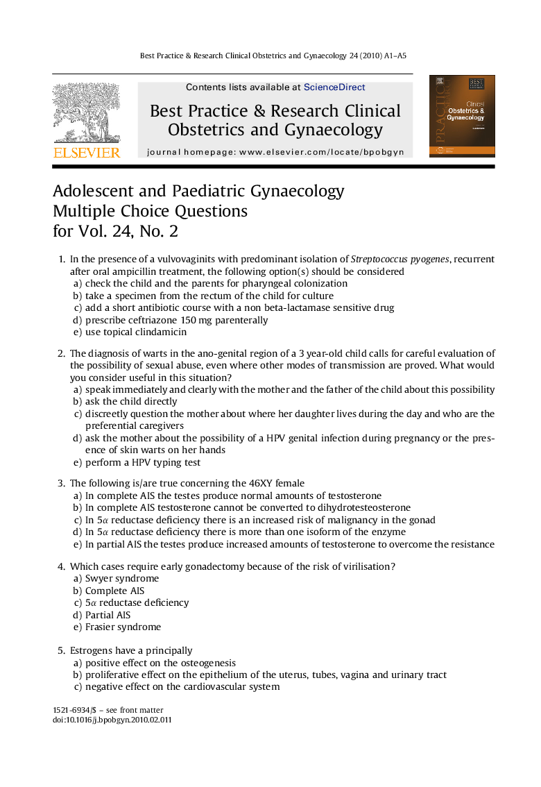 Adolescent and Paediatric Gynaecology Multiple Choice Questions for Vol. 24, No. 2