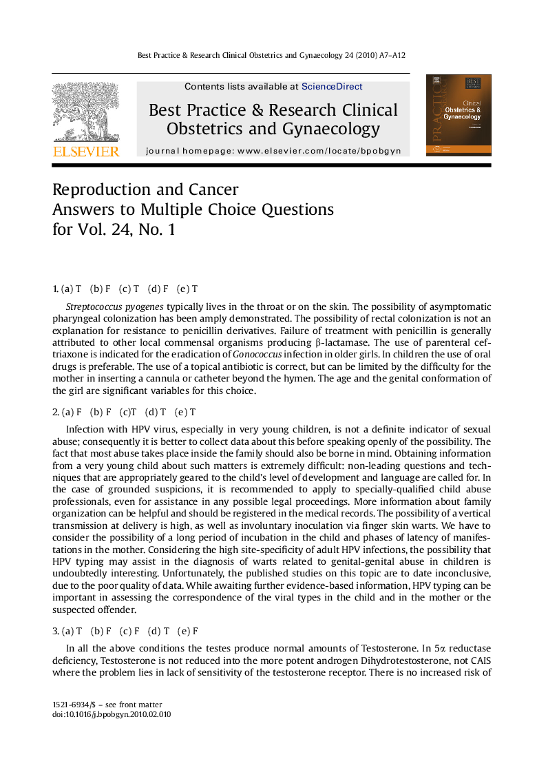 Reproduction and Cancer Answers to Multiple Choice Questions for Vol. 24, No. 1