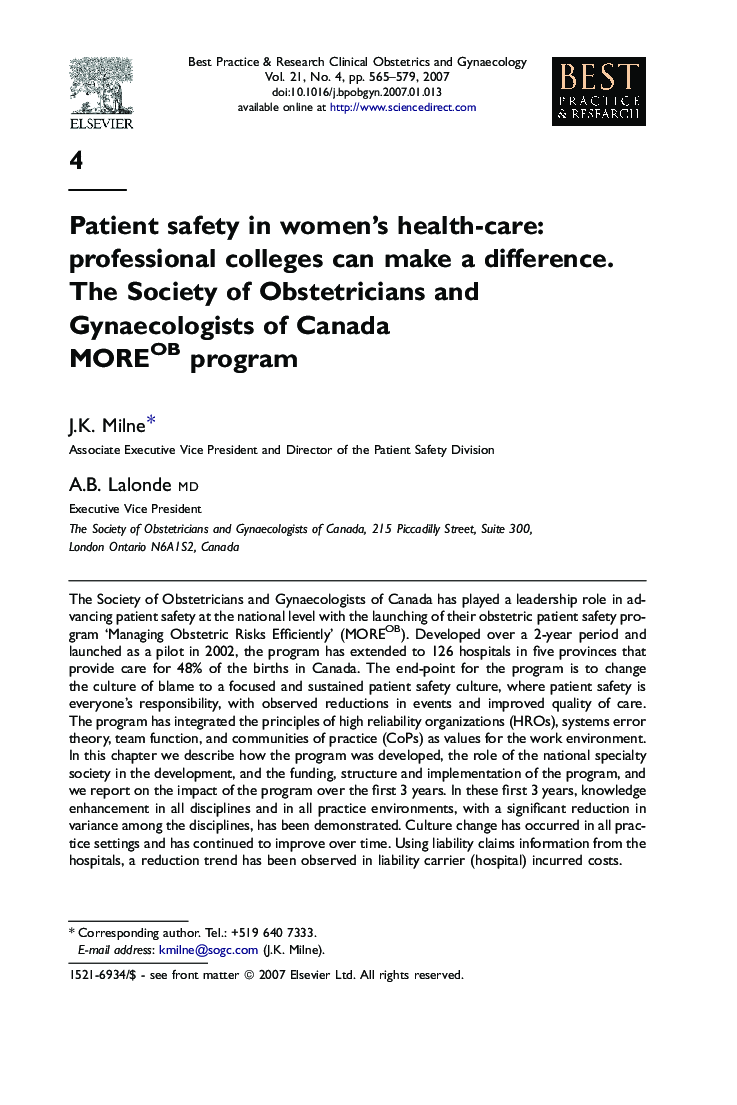 Patient safety in women's health-care: professional colleges can make a difference. The Society of Obstetricians and Gynaecologists of Canada MOREOB program