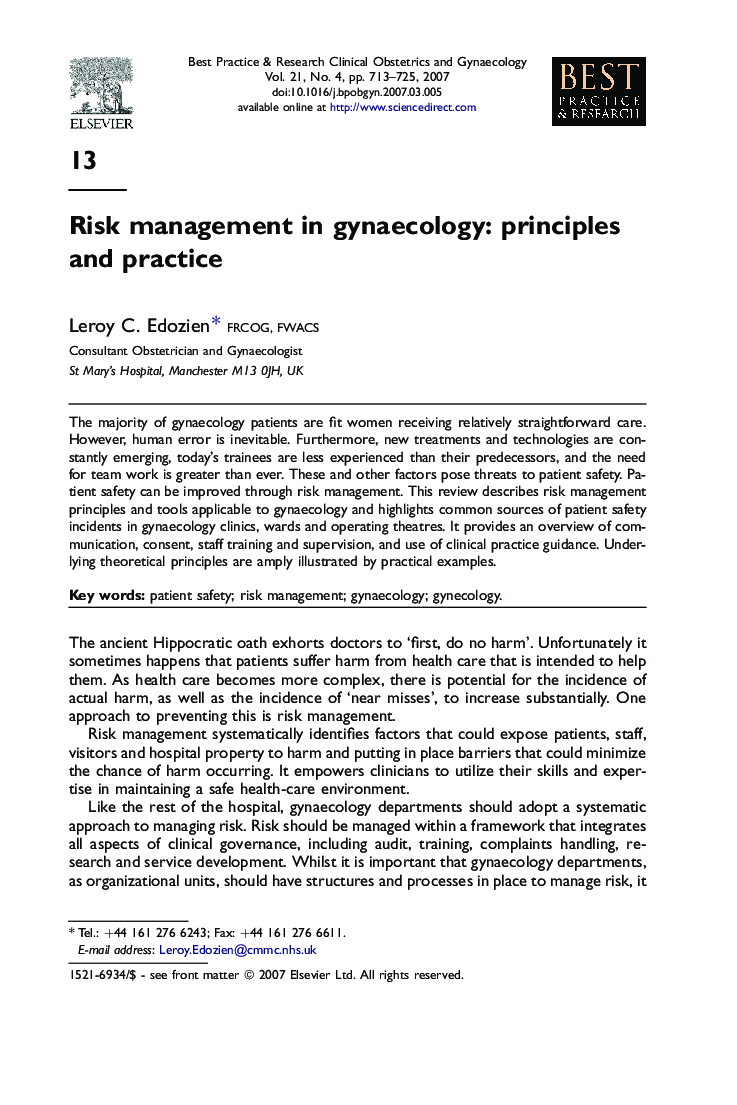 Risk management in gynaecology: principles and practice