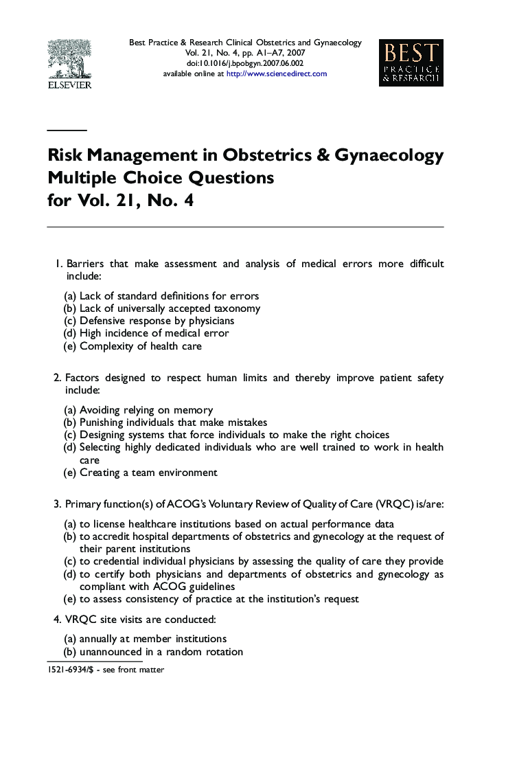 Risk Management in Obstetrics & Gynaecology Multiple Choice Questions for Vol. 21, No. 4