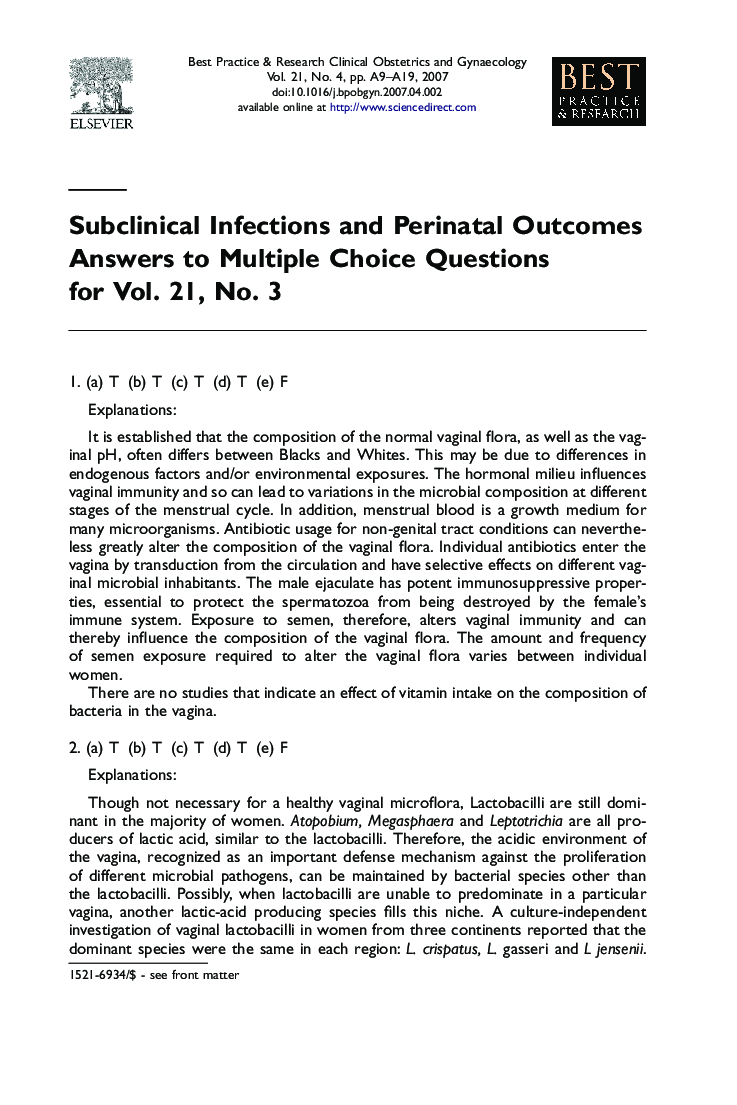 Subclinical Infections and Perinatal Outcomes Answers to Multiple Choice Questions For Vol. 21, No. 3