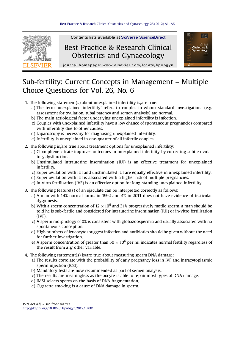 Sub-fertility: Current Concepts in Management - Multiple Choice Questions for Vol. 26, No. 6