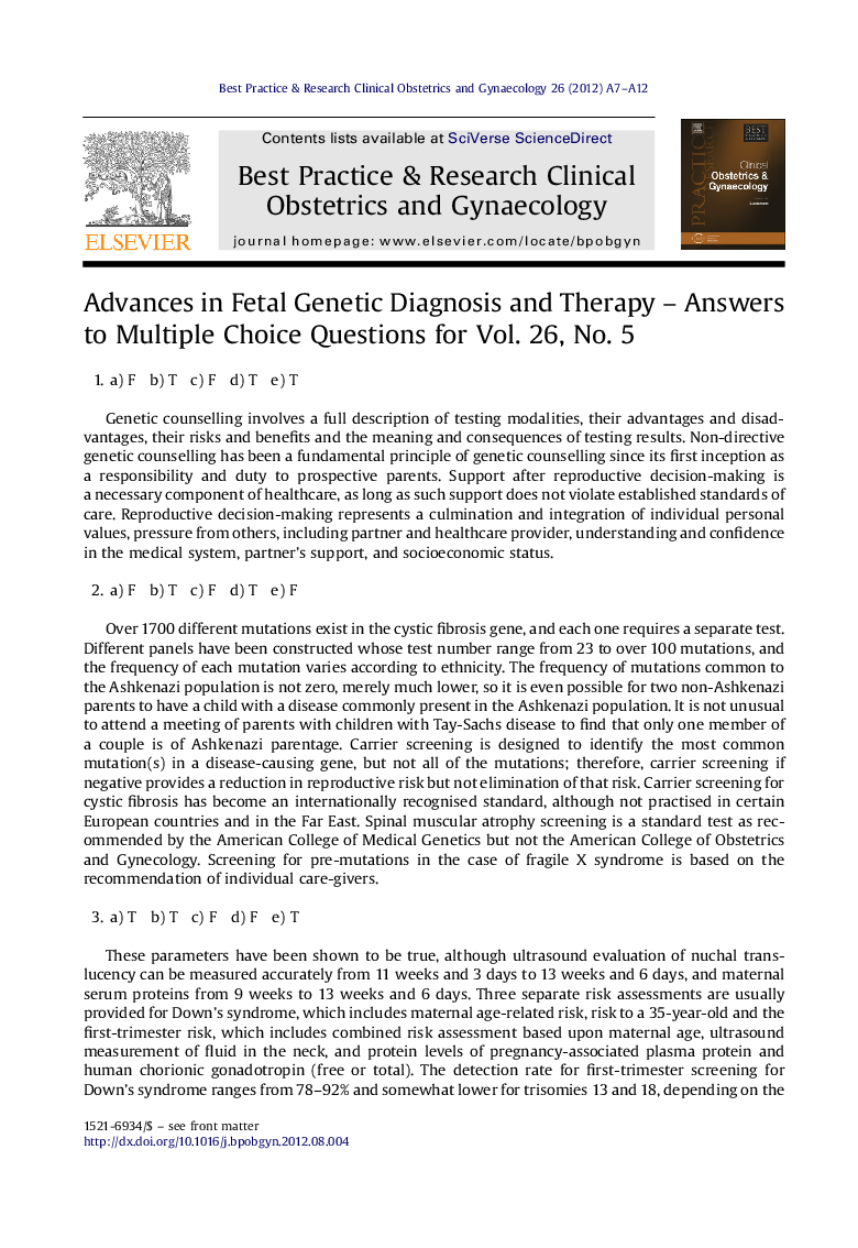 Advances in Fetal Genetic Diagnosis and Therapy - Answers to Multiple Choice Questions for Vol. 26, No. 5