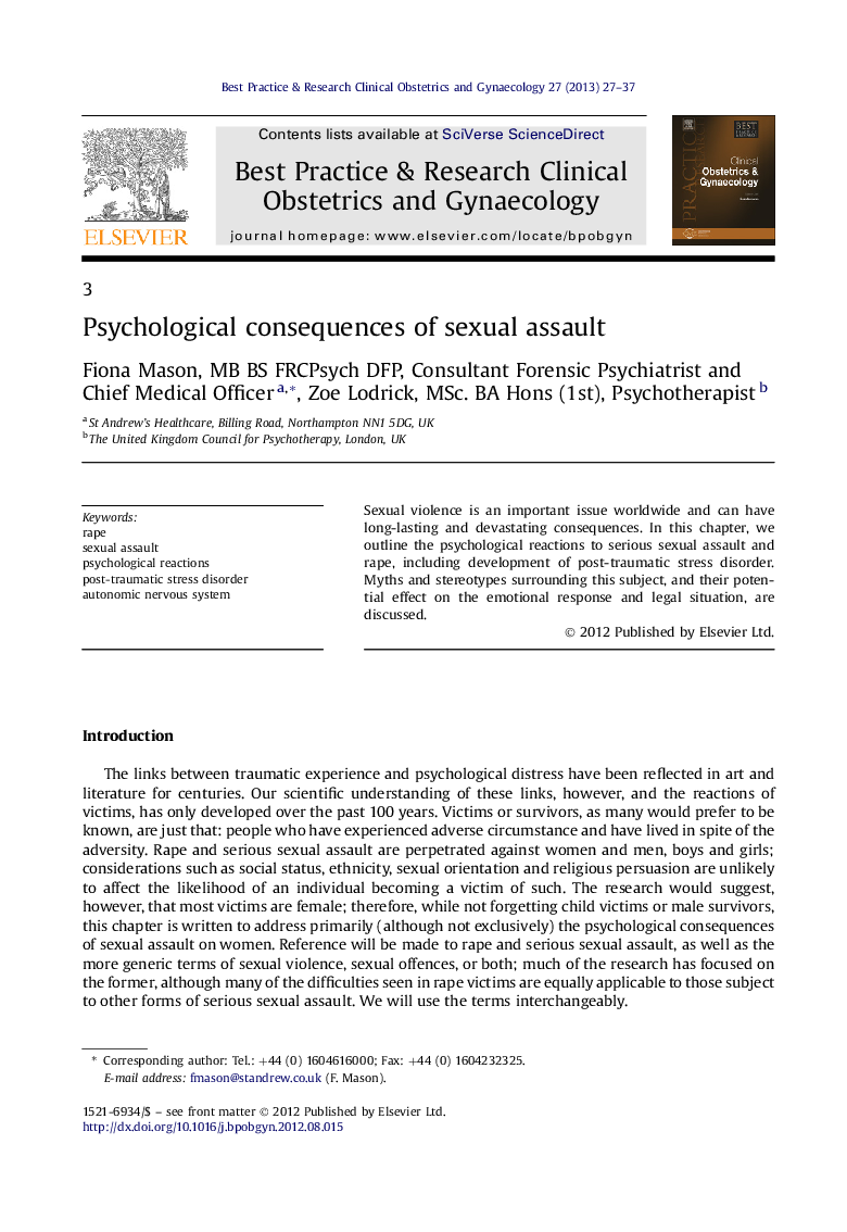 Psychological consequences of sexual assault