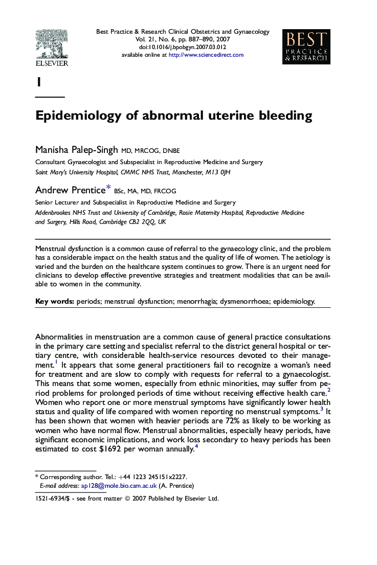 Epidemiology of abnormal uterine bleeding