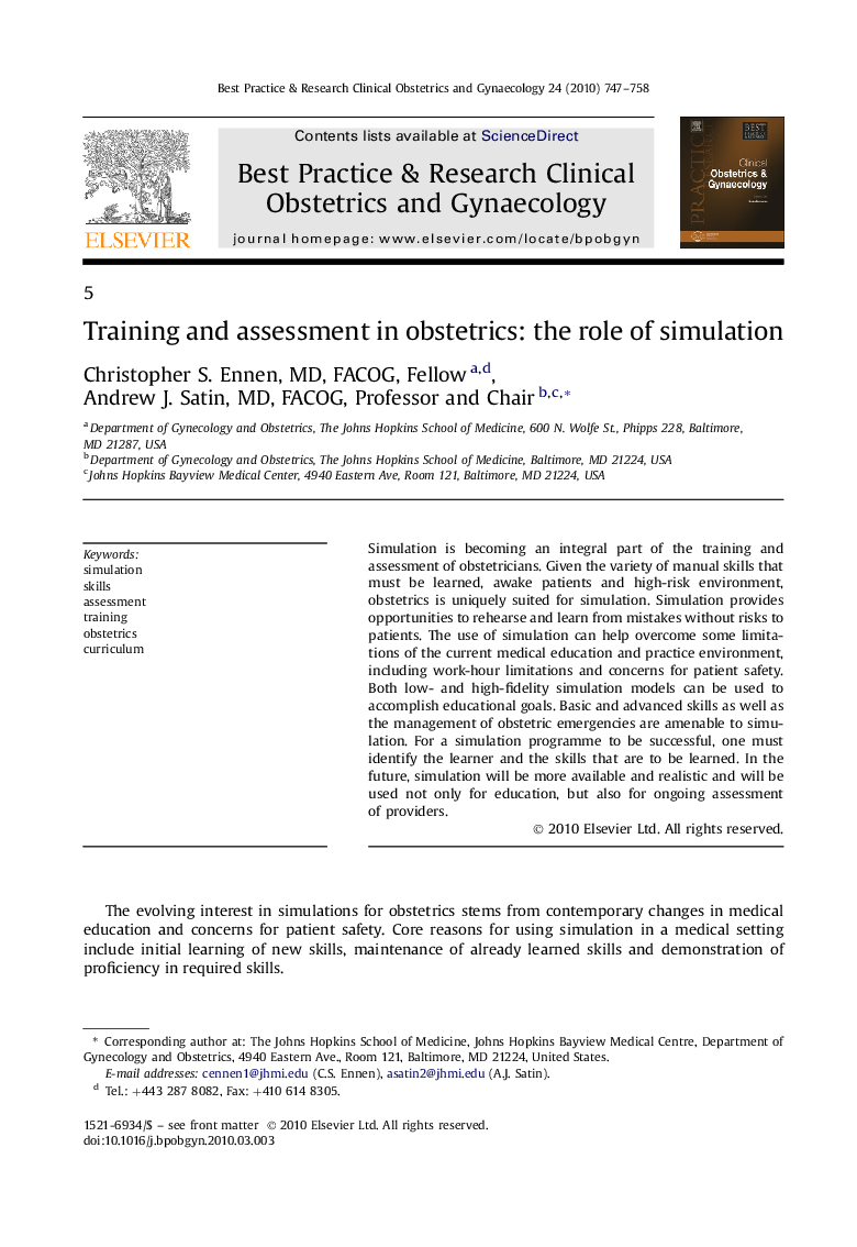 Training and assessment in obstetrics: the role of simulation