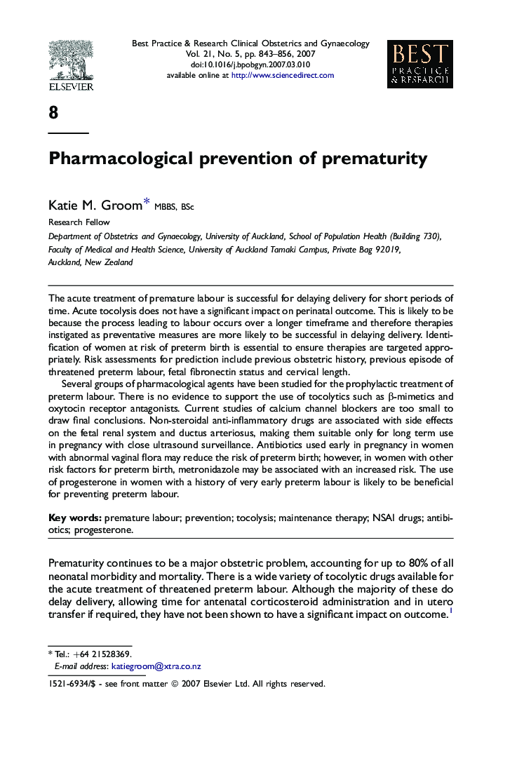 Pharmacological prevention of prematurity