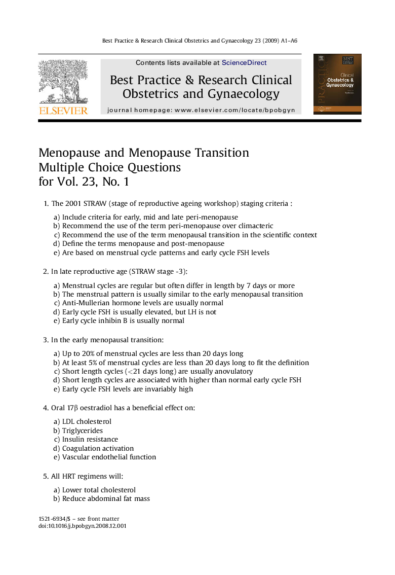 Menopause and Menopause Transition Multiple Choice Questions for Vol. 23, No. 1
