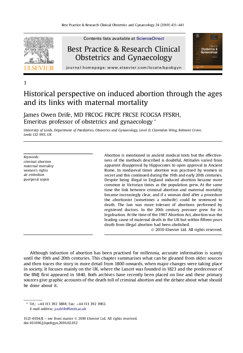 Historical perspective on induced abortion through the ages and its links with maternal mortality