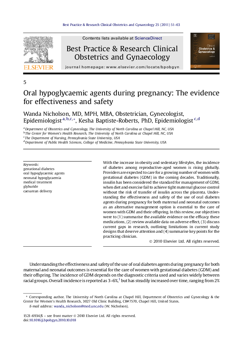 Oral hypoglycaemic agents during pregnancy: The evidence for effectiveness and safety