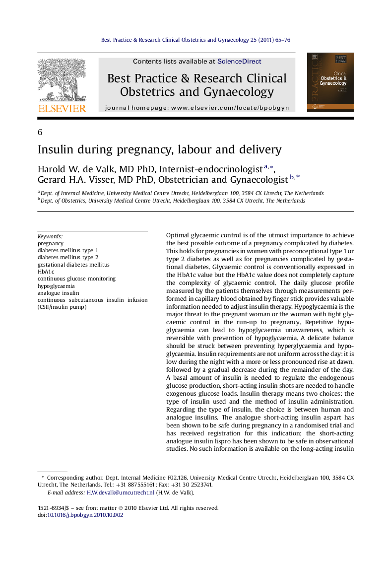 Insulin during pregnancy, labour and delivery