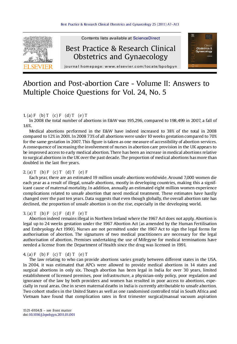 Abortion and Post-abortion Care - Volume II: Answers to Multiple Choice Questions for Vol. 24, No. 5