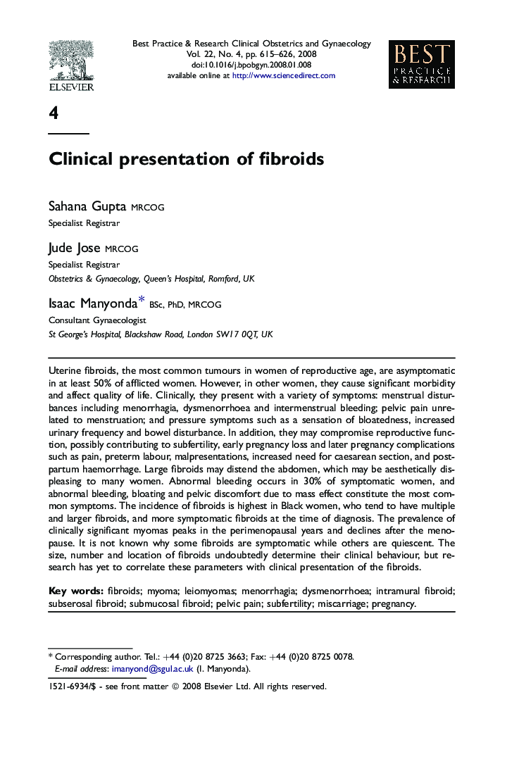 Clinical presentation of fibroids