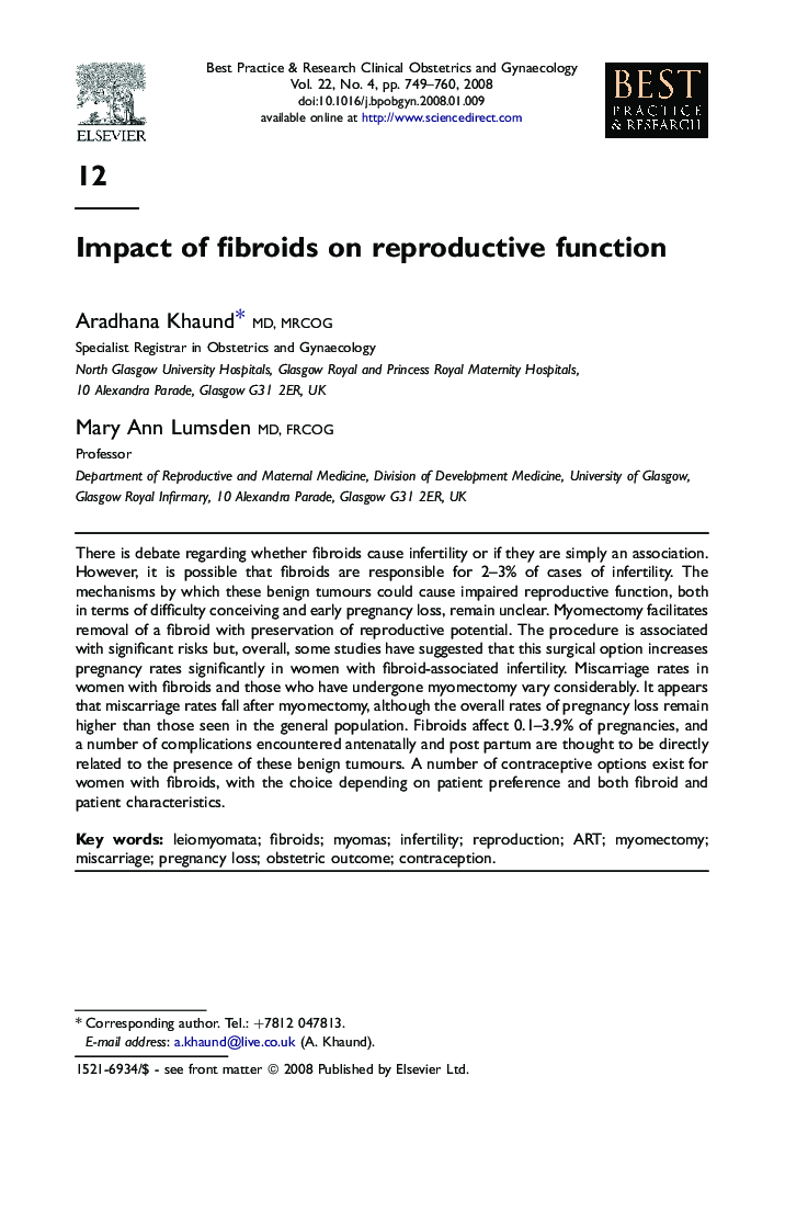 Impact of fibroids on reproductive function