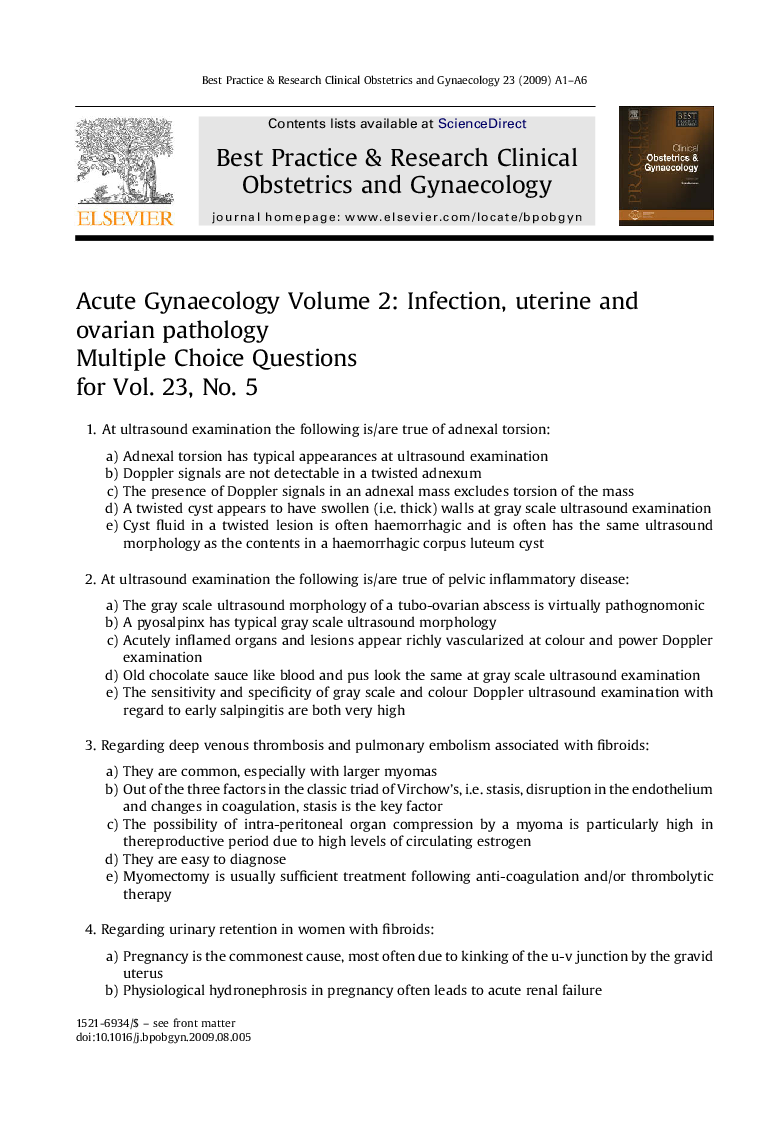 Acute Gynaecology Volume 2: Infection, Uterine and Ovarian Pathology Multiple Choice Questions for Vol. 23, No. 5
