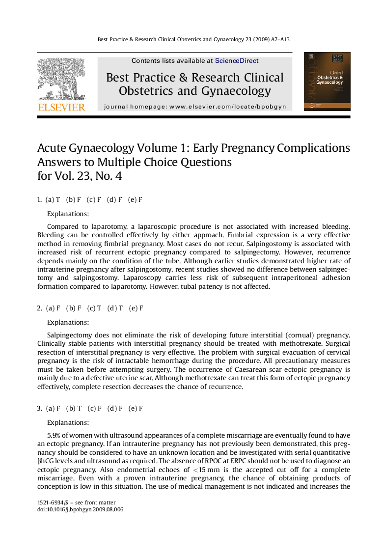 Acute Gynaecology Volume 1: Early Pregnancy Complications Answers to Multiple Choice Questions for Vol. 23, No. 4
