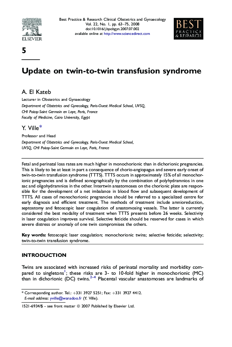 Update on twin-to-twin transfusion syndrome