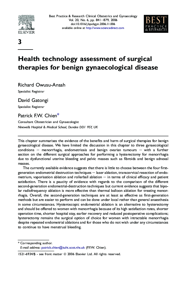 Health technology assessment of surgical therapies for benign gynaecological disease