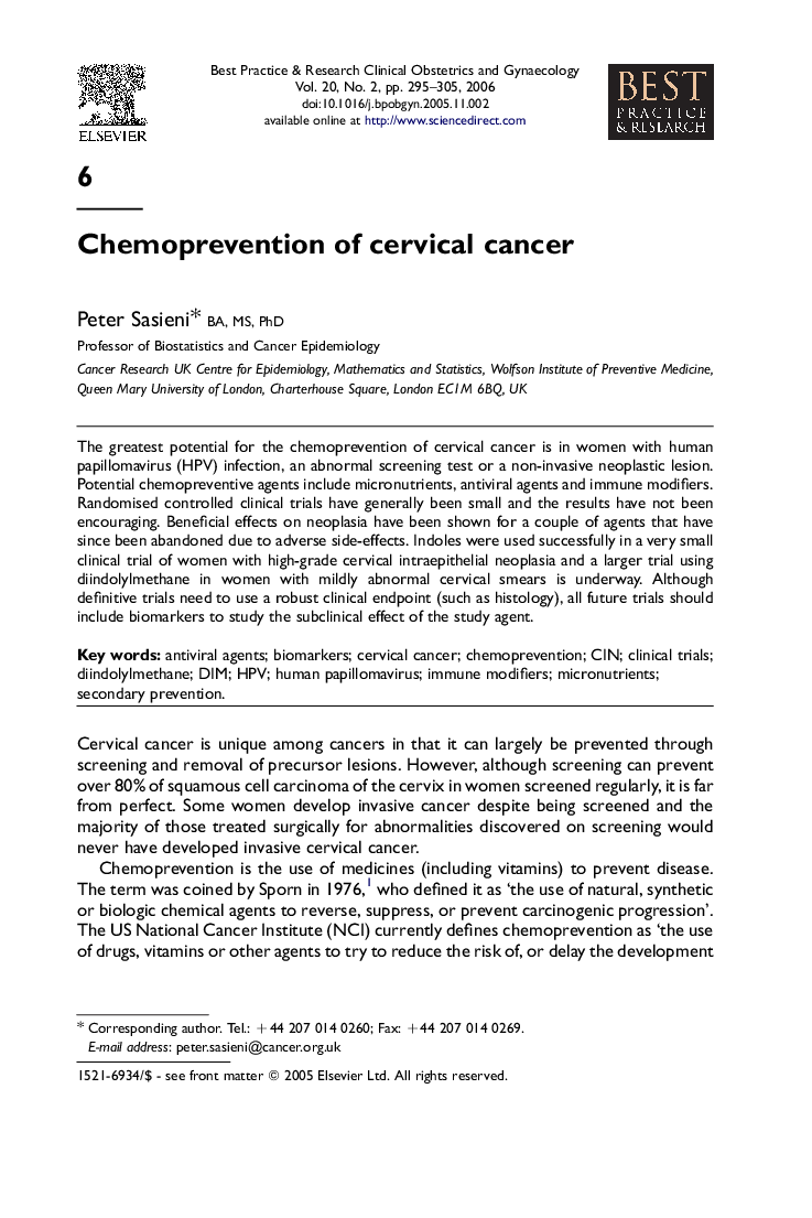 Chemoprevention of cervical cancer