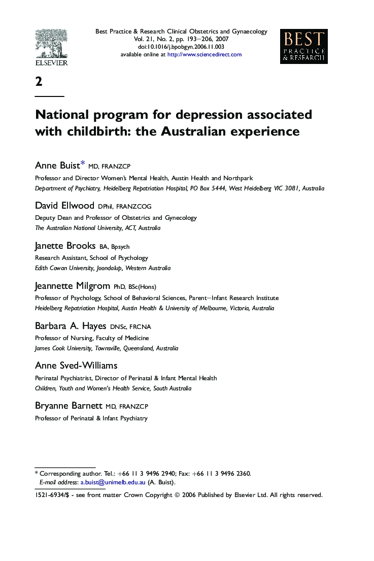 National program for depression associated with childbirth: the Australian experience