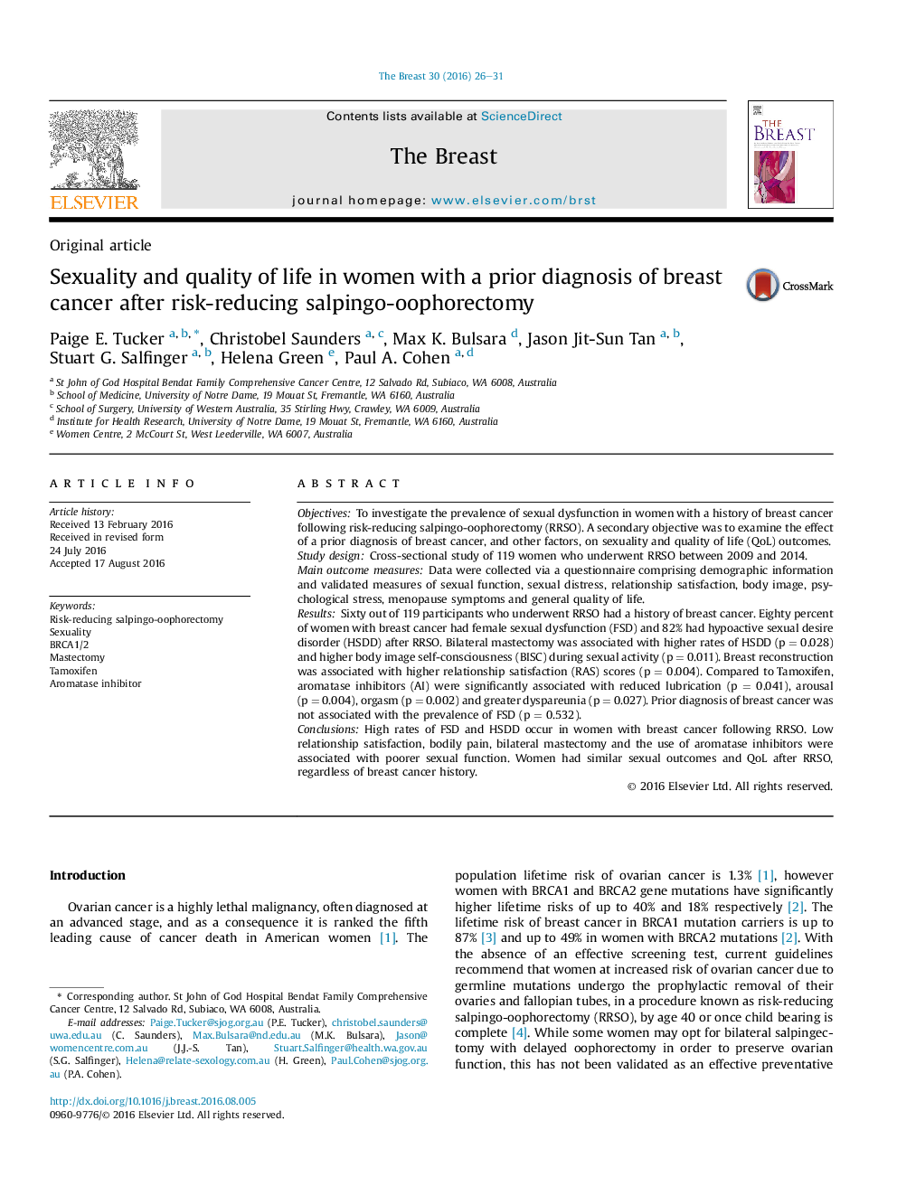 Sexuality and quality of life in women with a prior diagnosis of breast cancer after risk-reducing salpingo-oophorectomy