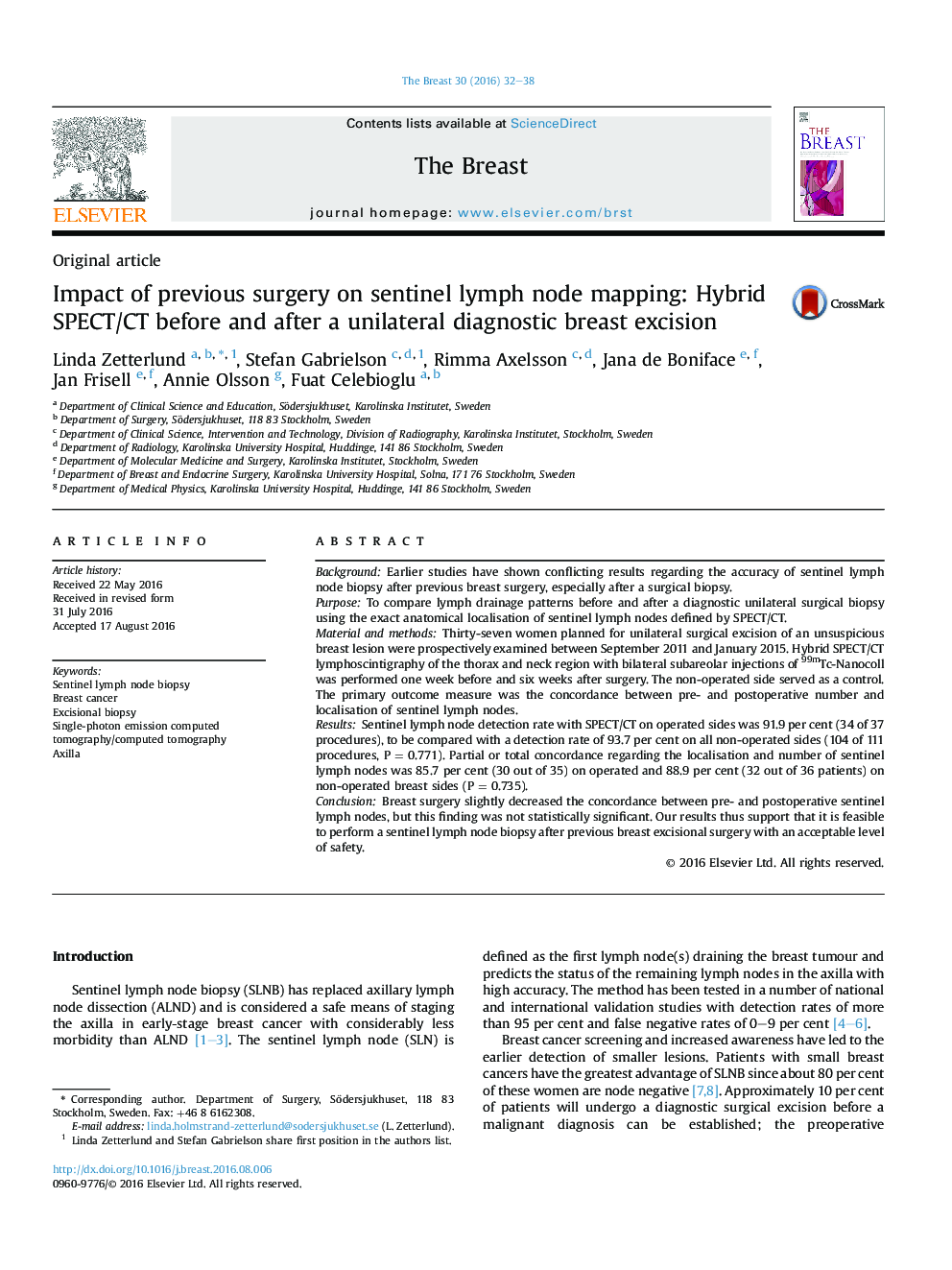 Impact of previous surgery on sentinel lymph node mapping: Hybrid SPECT/CT before and after a unilateral diagnostic breast excision