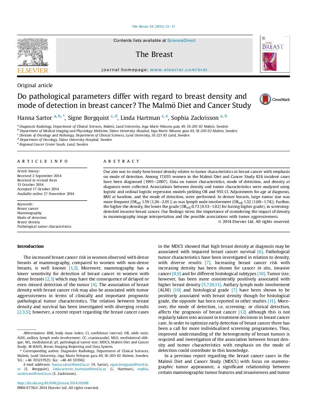 Do pathological parameters differ with regard to breast density and mode of detection in breast cancer? The Malmö Diet and Cancer Study