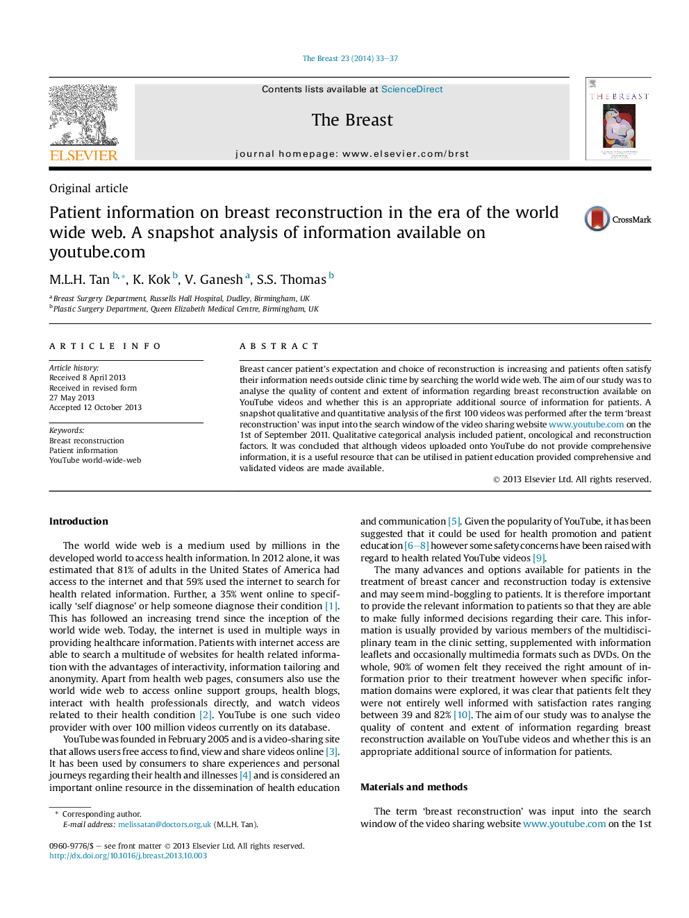 Patient information on breast reconstruction in the era of the world wide web. A snapshot analysis of information available on youtube.com