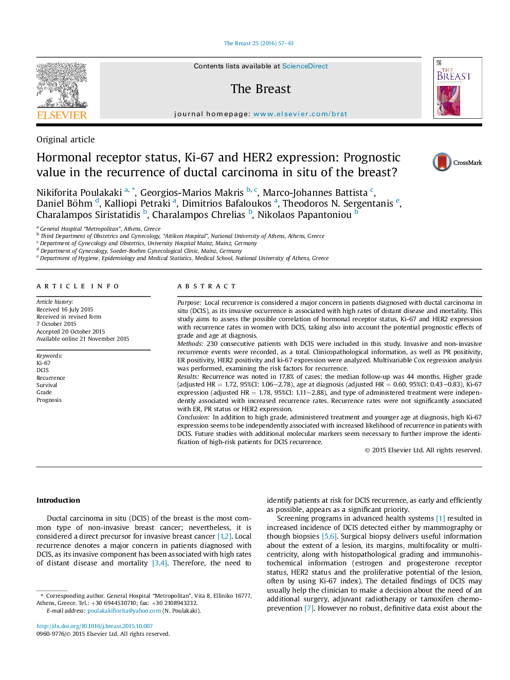 Hormonal receptor status, Ki-67 and HER2 expression: Prognostic value in the recurrence of ductal carcinoma in situ of the breast?