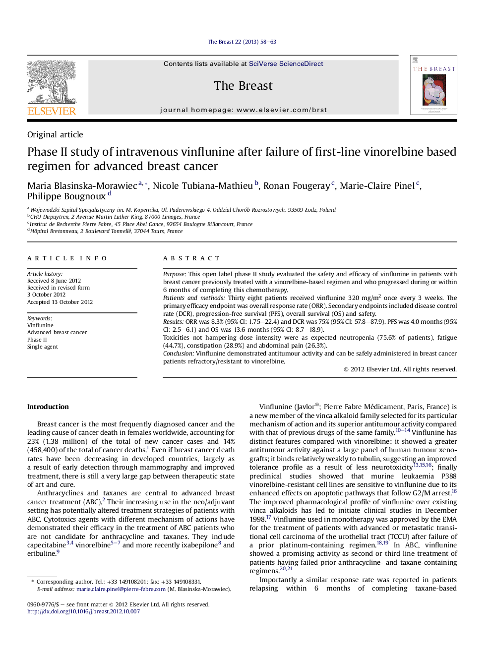 Phase II study of intravenous vinflunine after failure of first-line vinorelbine based regimen for advanced breast cancer