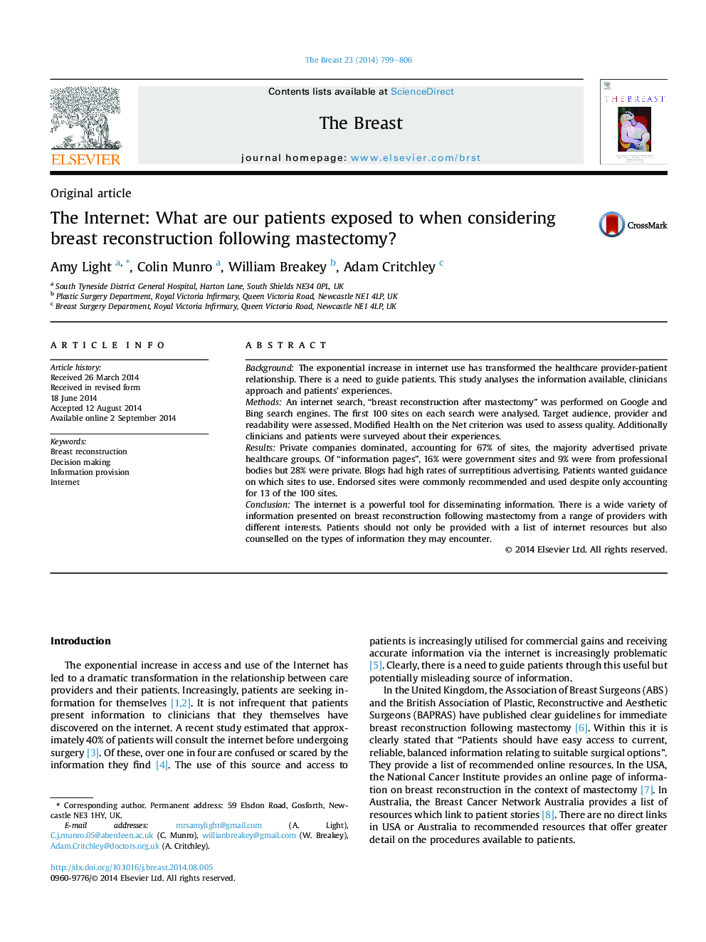 The Internet: What are our patients exposed to when considering breast reconstruction following mastectomy?