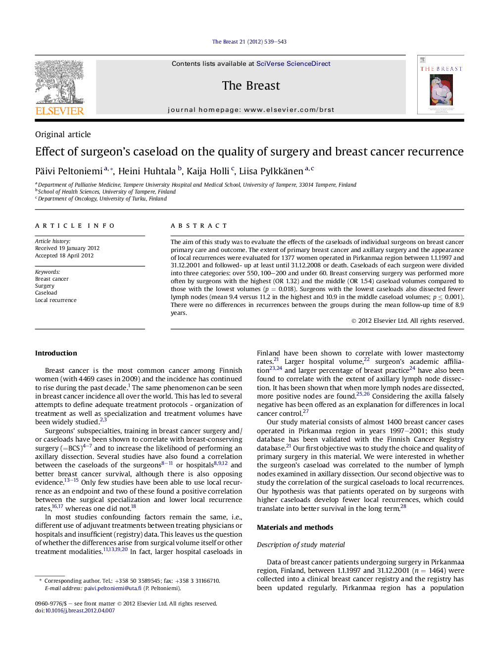 Effect of surgeon's caseload on the quality of surgery and breast cancer recurrence