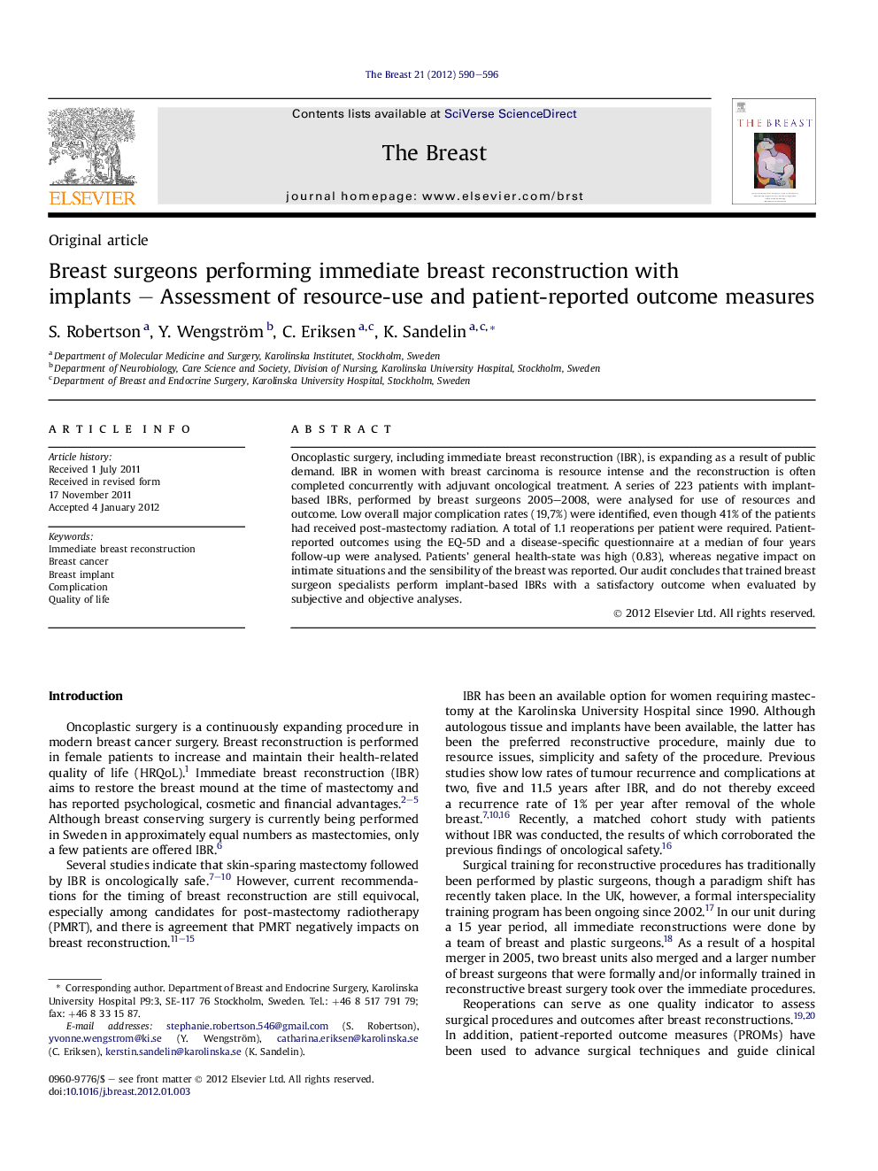 Breast surgeons performing immediate breast reconstruction with implants – Assessment of resource-use and patient-reported outcome measures